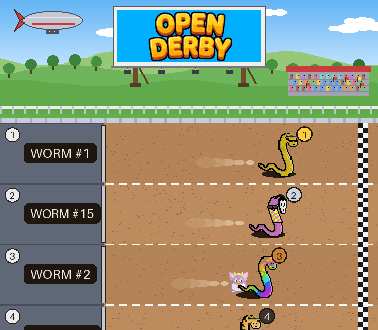 A Worm Derby race on the Open Derby track: six Worms racing in their lanes.